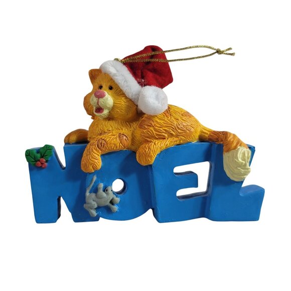 Cat Christmas Ornaments Set of 2 Kitty Noel Dear Santa Wearing Santa Hat Ceramic - Picture 4 of 8